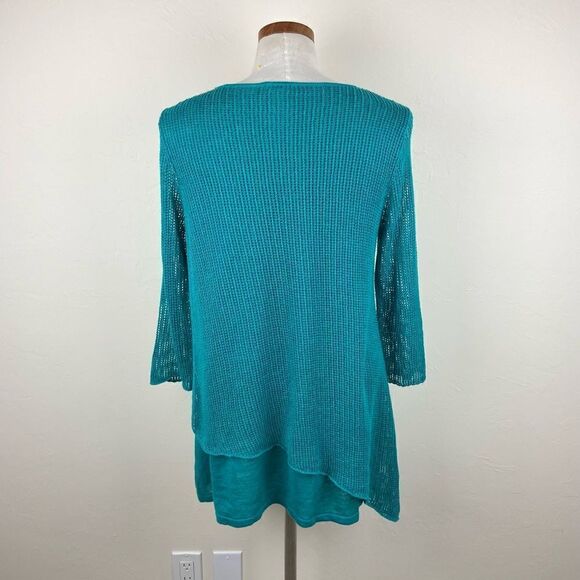 Eileen Fisher Organic Linen Asymmetrical Knit Sweater - Teal Green - Picture 6 of 7